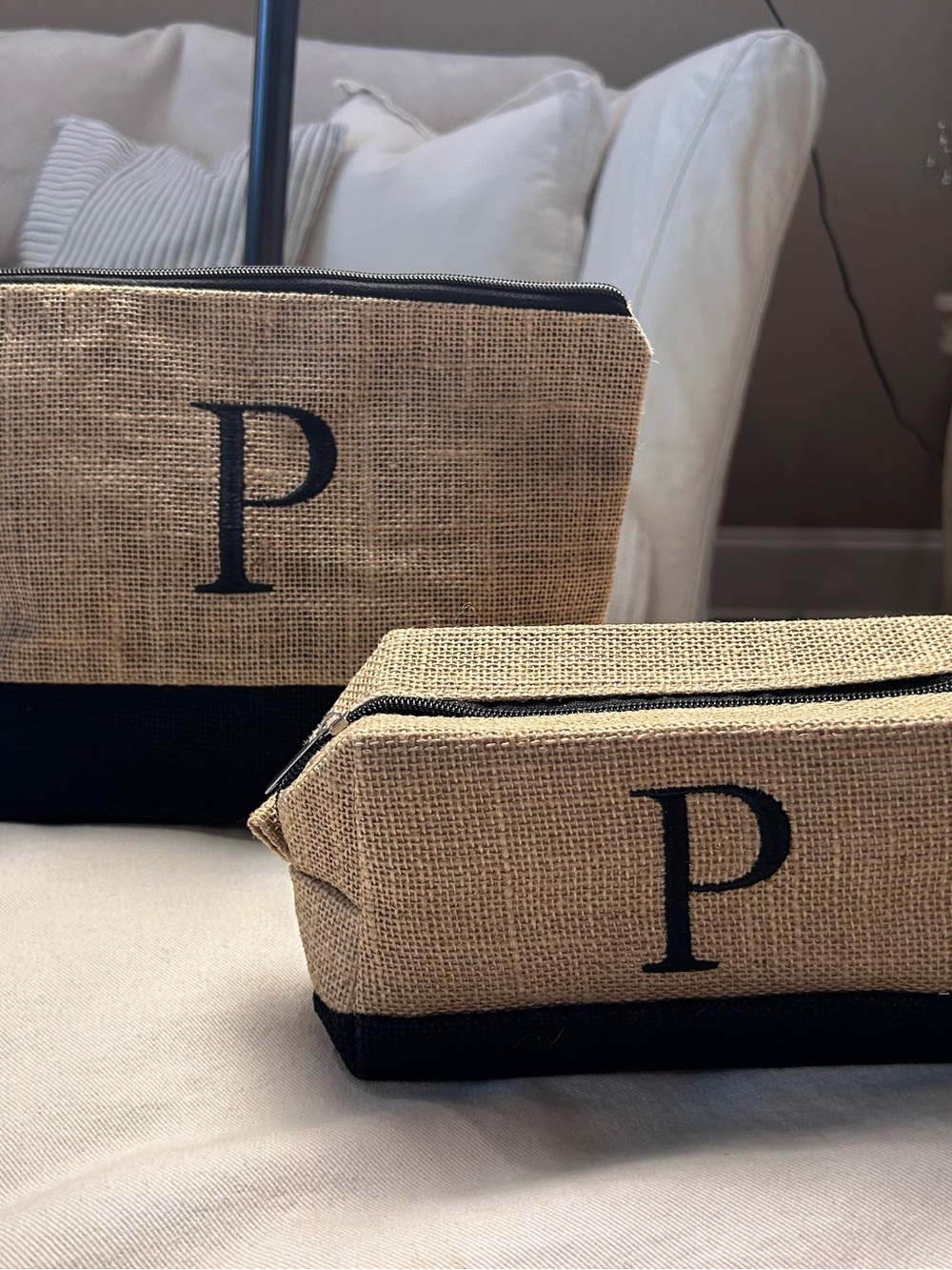 Monogrammed “P” Burlap/Jute Cosmetic Set Makeup Travel Zipper Pouch Brown Black